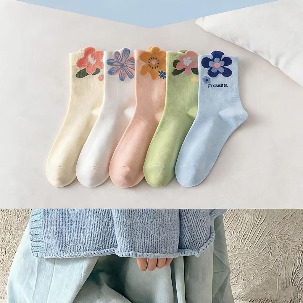 5 Pairs Women's Korean Style Long Socks, Cute Japanese Aesthetic Mid-Calf Socks, Colorful Floral Pattern
