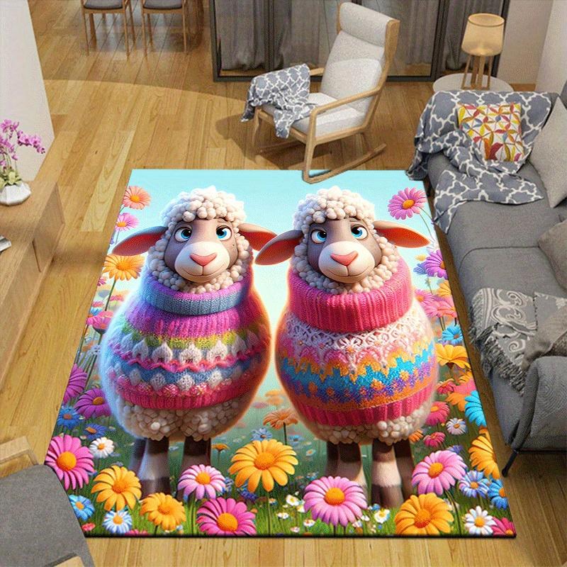 1pc Happy Lamb Pattern Area Rug, Anti Slip Non Shedding Stain Resistant Carpet
