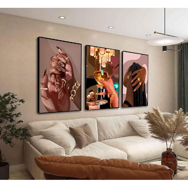 LQOZTBX 3Pcs Black Girl Wall Art Fashion African American Canvas Paintings Black Women Posters Nail Art Pictures Champagne Prints Boho Aesthetic Wall