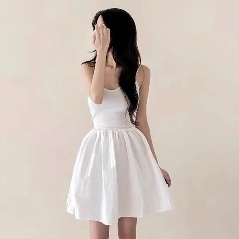 Korean Chic Summer French Temperament V-neck Slim and Thin Pleated Adjustable Suspender Dress Fluffy Skirt Women