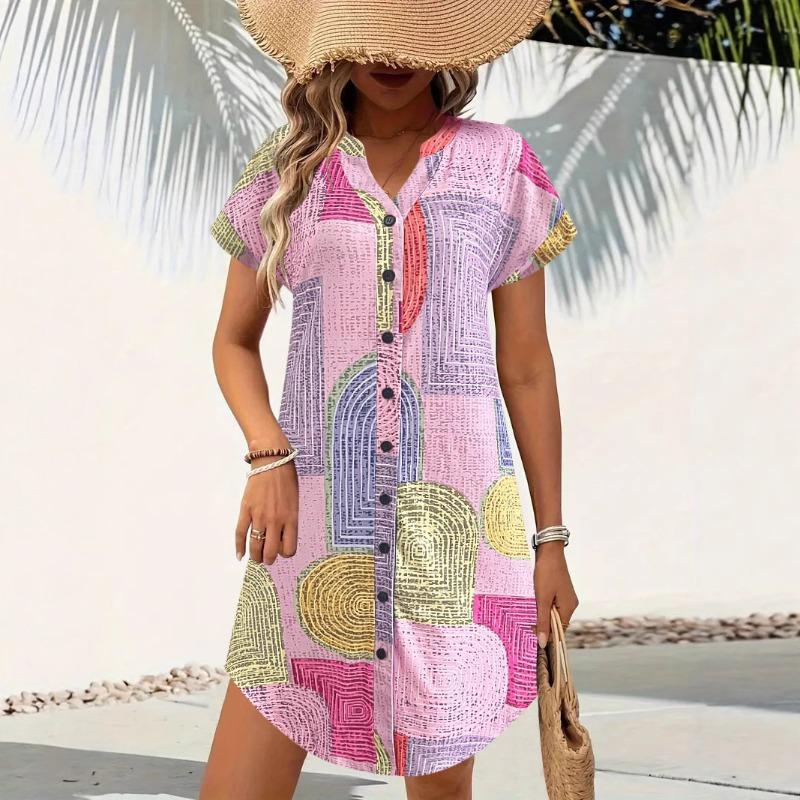 This Women's Geometric Pattern Printed Dress Is Fashionable LooseV-neck Button-down and Short-sleeved