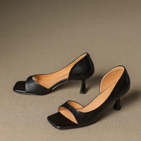 2025 new French retro square head thin heel open-toed sandals women's versatile fashion foreign high heels