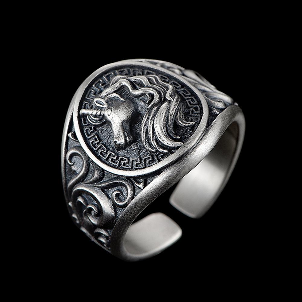 Retro Original Medieval Charger War Horse Emblem Ring Animal Crest Ring Versatile Men's Tail Ring