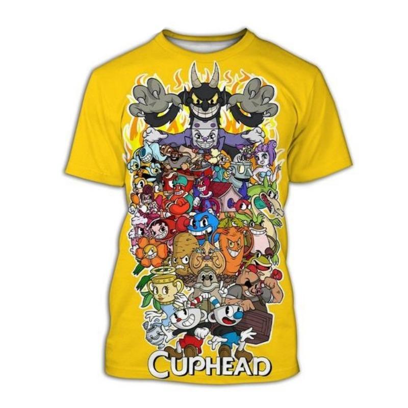 2025 Cuphead 3D printed men's casual summer fashion round neck fun T-shirt suitable for both men and women short sleeved top siz