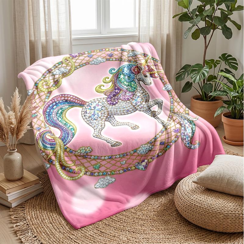 Jeweled Unicorn with Stars Theme Blanket Lightweight Warm Flannel Blanket Decorative Throw Blanket for Home Decoration