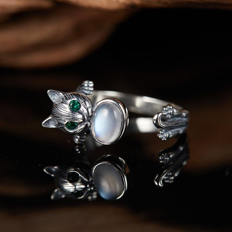 Retro Color Treasure Lucky Cat Ring Jewelry 925 Sterling Silver Inlaid Natural Moonstone Gemstone Ring Female Personality