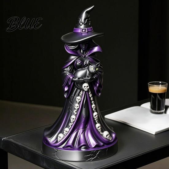 Hand Carved Resin Craft Lighted Witch Figurine Holding Black Cat Statue Gothic Stable Base Figurine Sculpture with LED Lights for Halloween