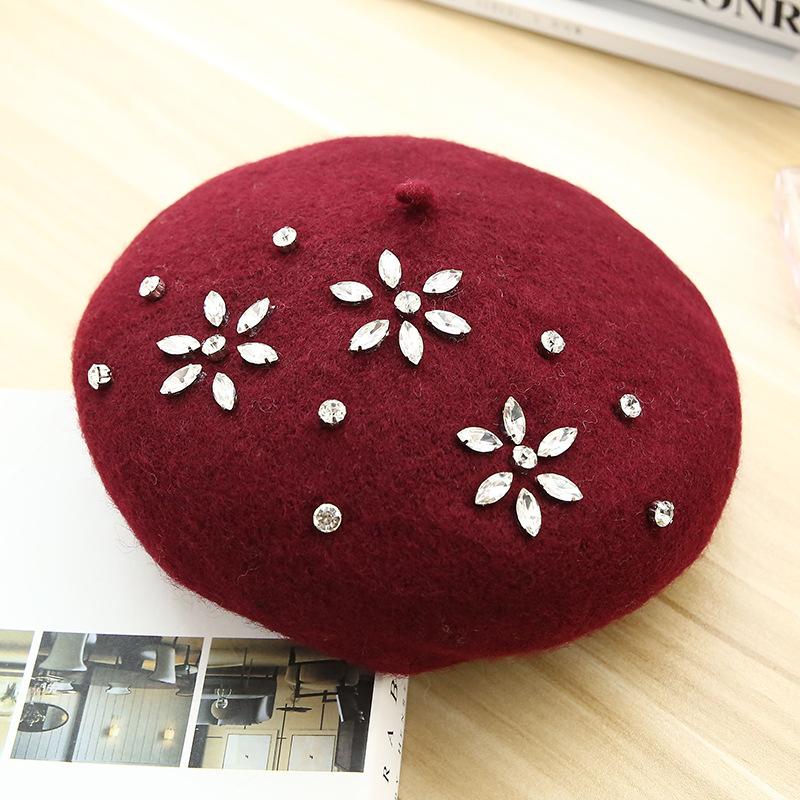 VISROVER Woman Wool Winter Beret DIY Female Rhinestone Wool Cap Autumn Winter Hat Solid Color Top Quality Women Boina Wholesales
