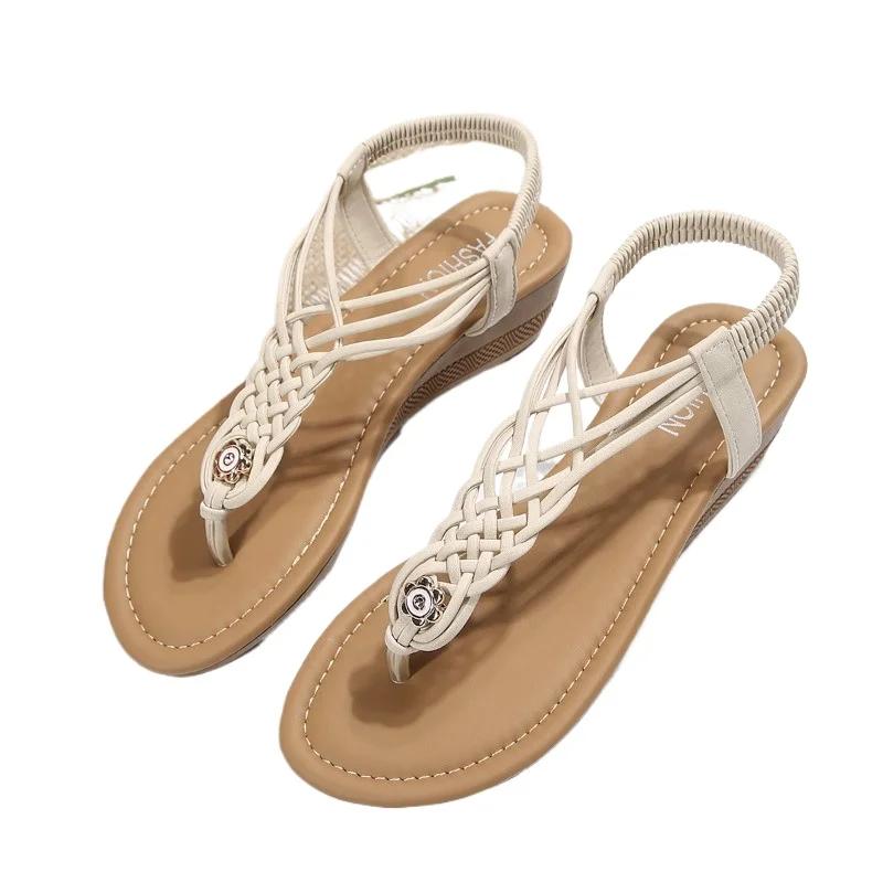 2025 Plus Size Summer Women's Thong Sandals Outdoor Narrow Band Weave Elastic Band Wedges Sandals for Casual Daily Rome Shoes