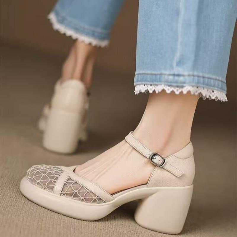 Fashion Cutout Mesh Wrapped Block Heel Sandals Women's New Summer Round Toe Shallow Mouth Platform Sole One-buckle Breathable High Heels