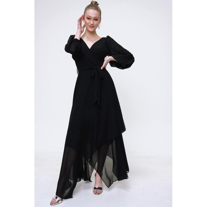 

Двубортное шифоновое платье с воздушными рукавами и длинными рукавами