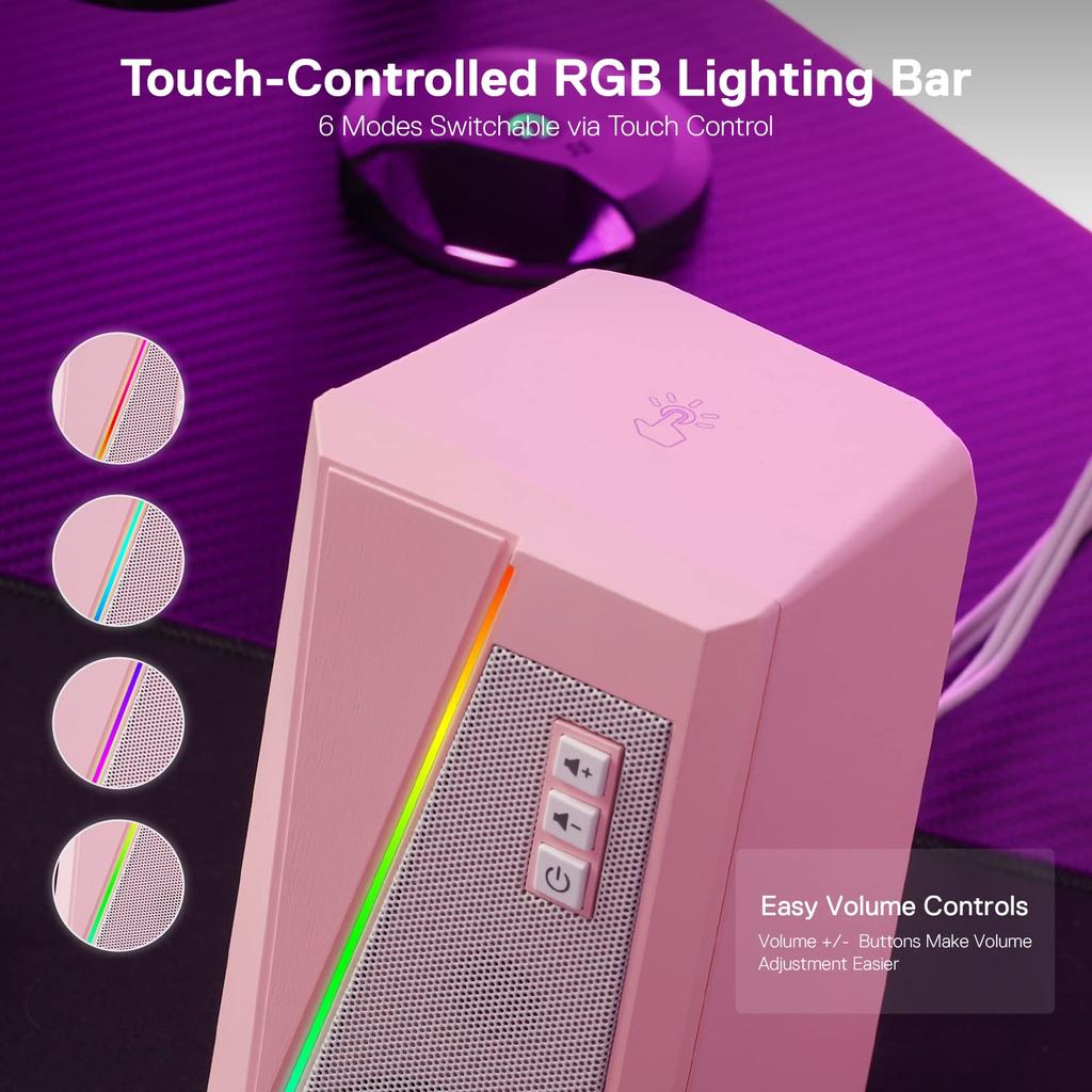 Redragon GS520 RGB Desktop Channel PC Computer Stereo 6 Colorful LED Enhanced Sound and Easy Access Volume USB Cable Pink Speakers, 2.0 Speakers,