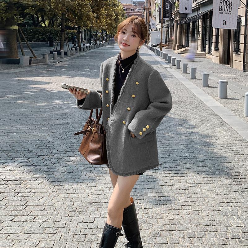 

Handmade double-sided wool coat women s autumn and winter women s clothing small V-neck wool woolen coat L [Recommended 120~ 70kg] темно-сірий
