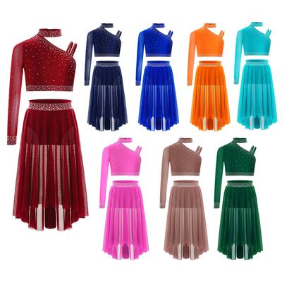 Kids Girls Lyrical Dance Set Sparkly Rhinestones Tops Unique Irregular Shoulder Crop Top with Side Slit High-Low Irregular Mesh Skirt