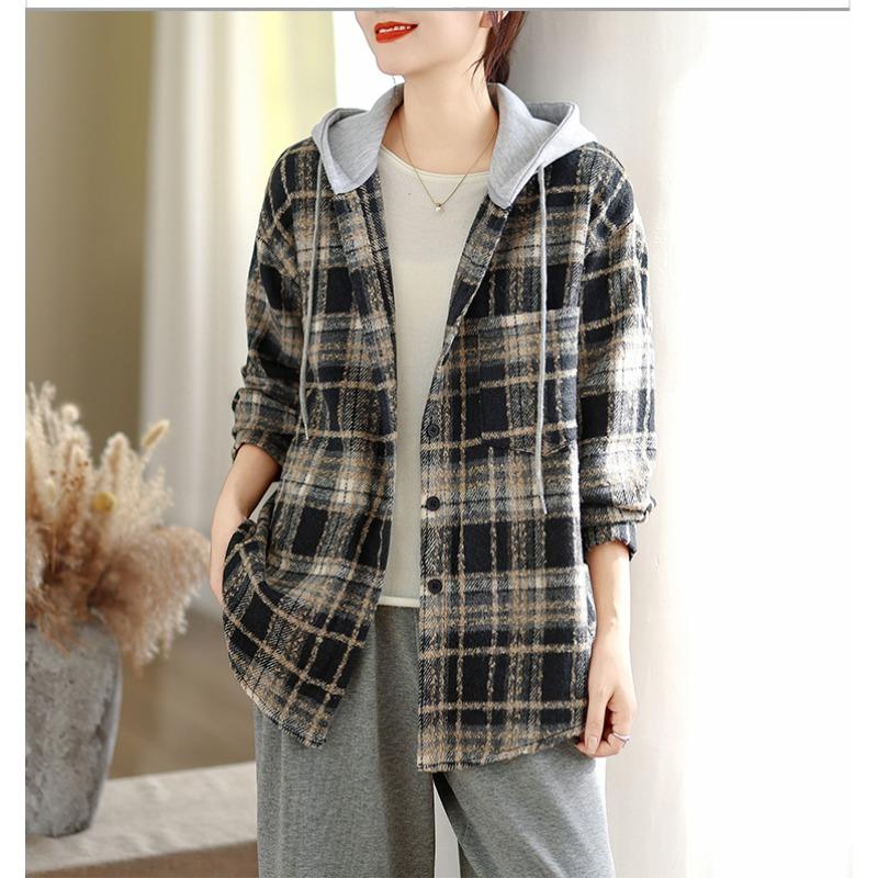 DIMANAF 2025 New Autumn Winter Plus Size Women Coats Jackets Hooded Cotton Thick Long Sleeve Loose Casual Outerwear Vintage Lady Plaid