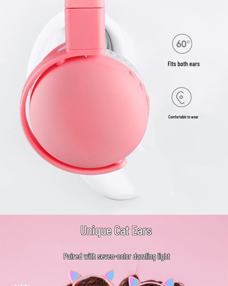 2025 S523 Luminous Cat Ears Bluetooth Headphones: Long Battery Life, No Delay, Wireless, Head-Mounted