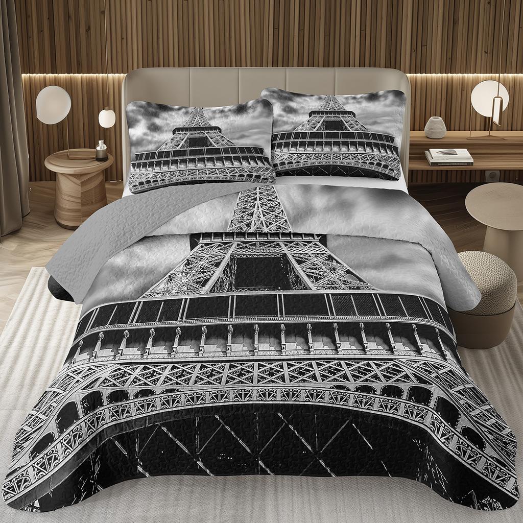 Eiffelturm Tagesdecke Vintage Paris Stadtlandschaft Quilt-Set Doppel-/Queen-Größe, Weiche Leichte Wendbare Tagesdecke für Mädchen Frauen