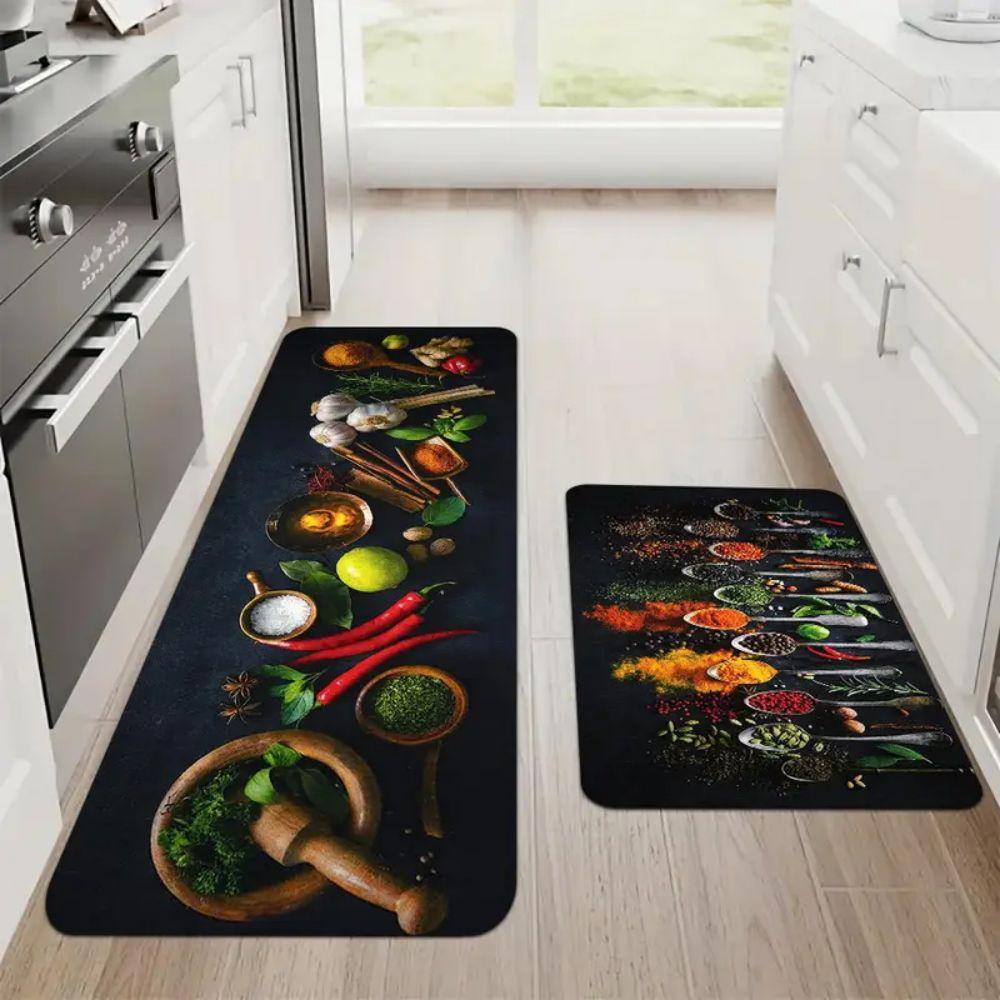 VIKAMA 1/2pc Modern Kitchen Carpet Set, Home Decor, Food Decoration Pattern, Suitable For Festival Decor, Soft And Absorbent