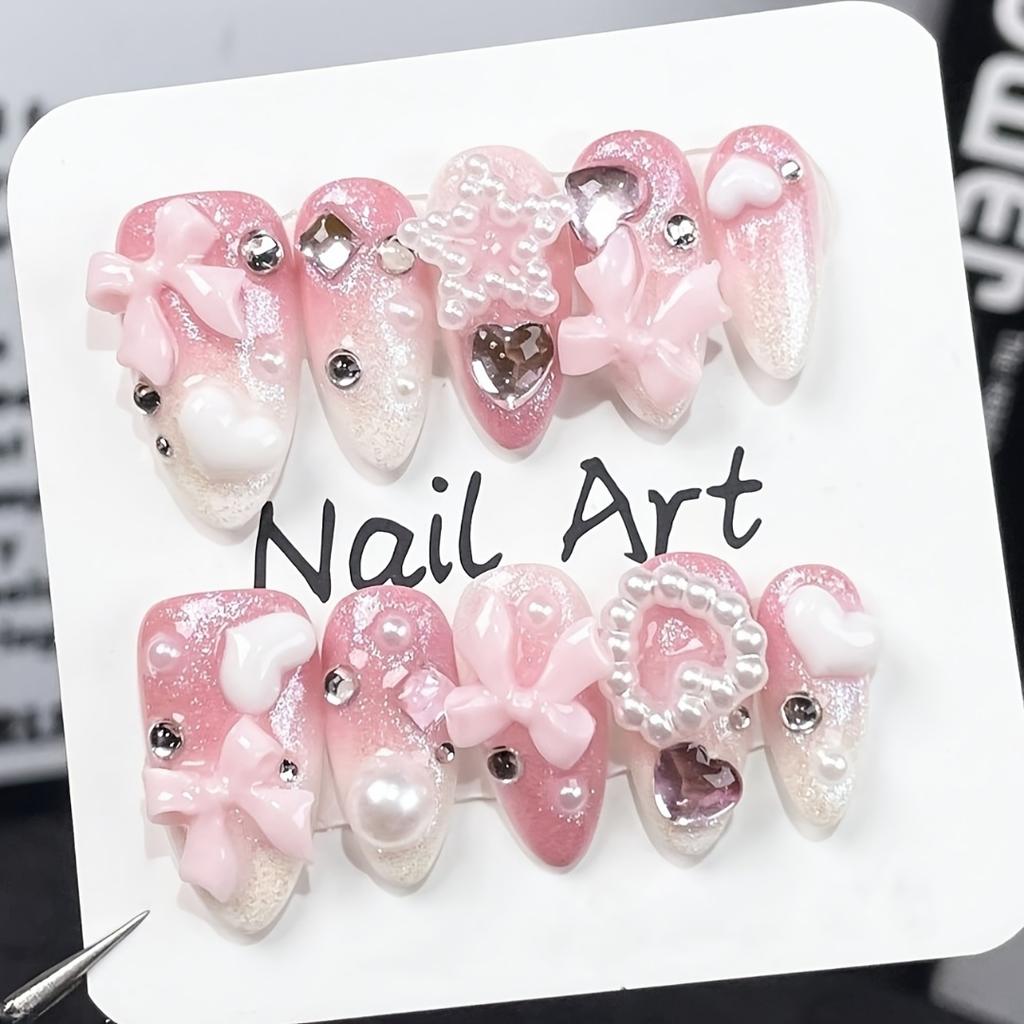 10 Stück High-End Herzform Handgemacht Rosa Falsche Nägel Süße Girly Nagelaufkleber Für Frauen