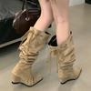 Miting Pointed Pile Boots Women's Boots 2025 Autumn and Winter Heel Suede Strap Pleated Retro Tall Knight Boots