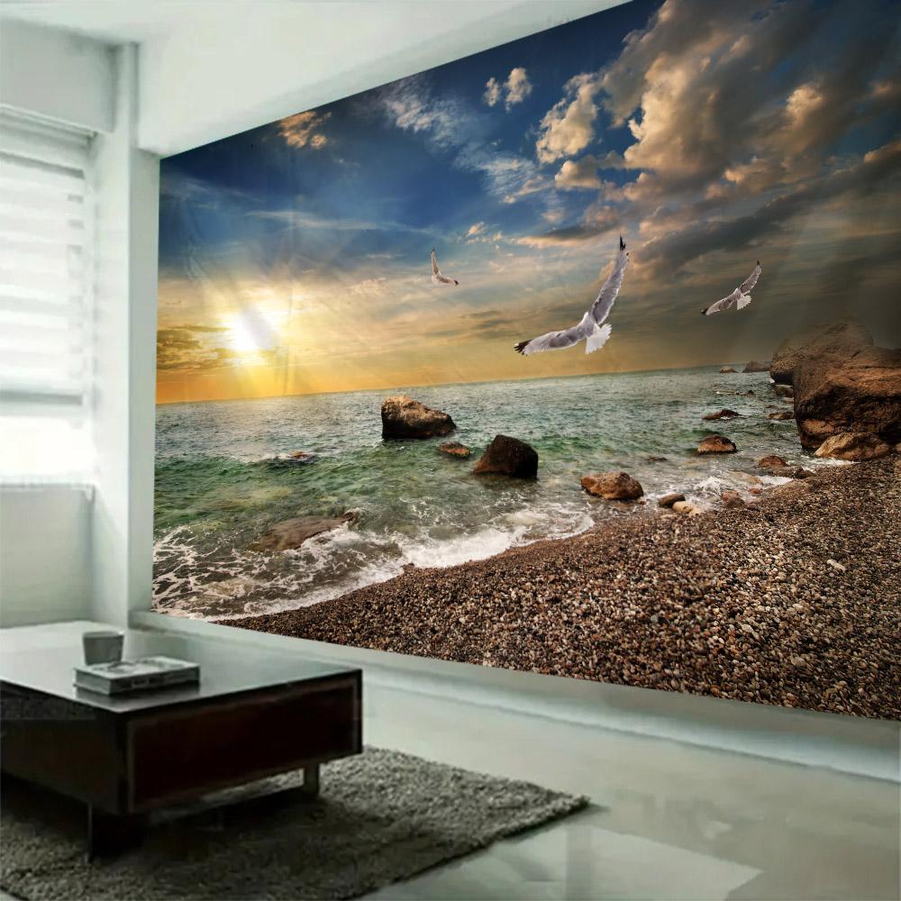 Sea view tapestry, sunrise and sunset coconut tree printed wall hanging cloth, home wall background, sofa covered blanket