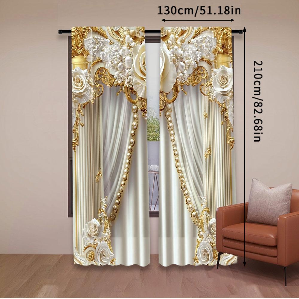 2Pcs Gold And White Curtains With Elegant And Chic White Flowers Suitable For Living Room Dining Room Kitchen Bedroom Bathroom