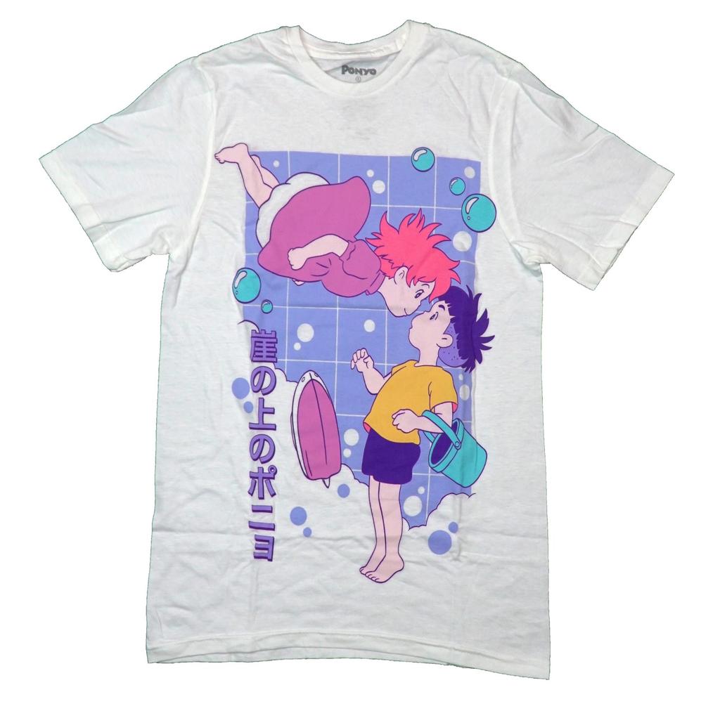 Ponyo New Adult T-Shirt - Girl Floating In Bubbles Above Boy Holding Bucket