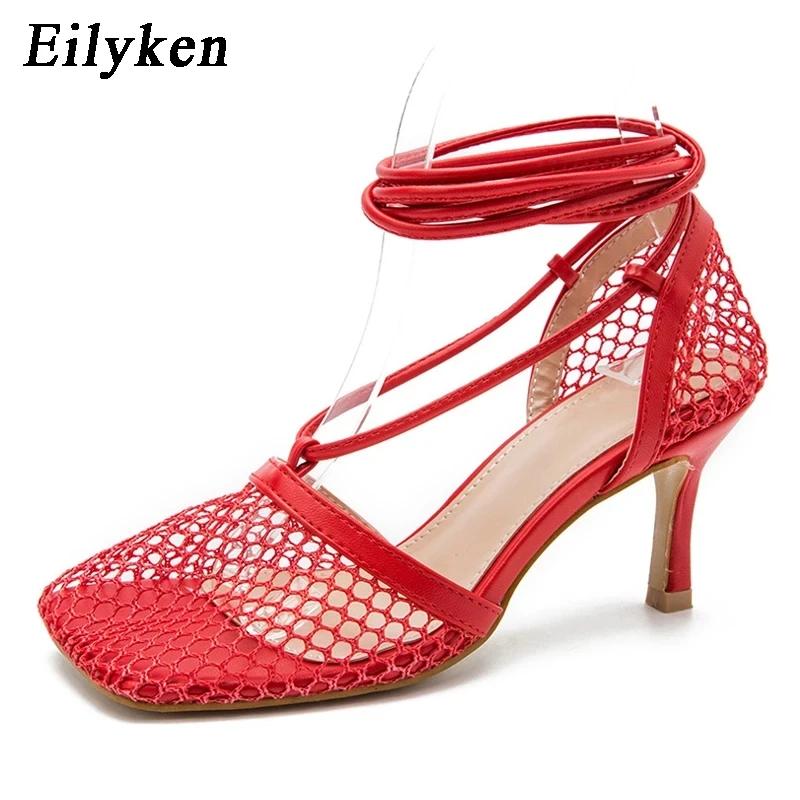 

Fashion Eilyken Summer Autumn Sexy Mesh Pumps Sandals Female Square Toe High Heel Lace Up Cross-tied Stiletto Hollow Dress Stripper Shoe 35