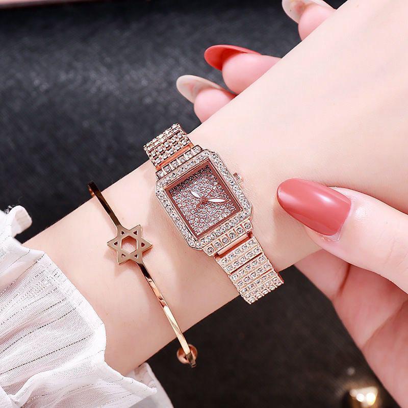 Women's Fashion Quartz Watch with Diamond-Inlaid Square Dial and Alloy Band.