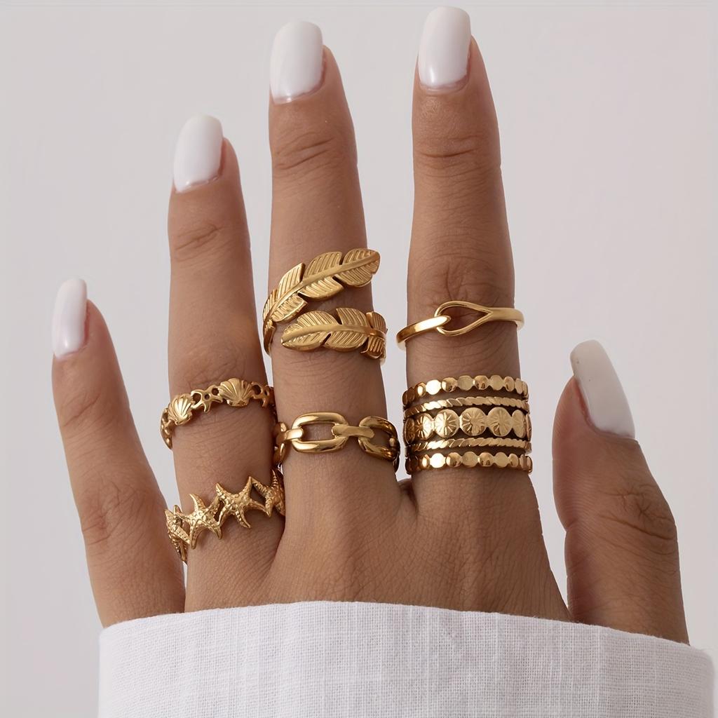 6Leaf and starfish stainless steel women's open ring setpcs Chain-style hollow ring set is a perfect choice for summer vacations and dates, an