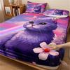 3pcs 100% Polyester Cute Cartoon Cat Print Fitted Sheet Set Bedroom Decoration, Purple Floral Starry Sky Pattern Bedding Set