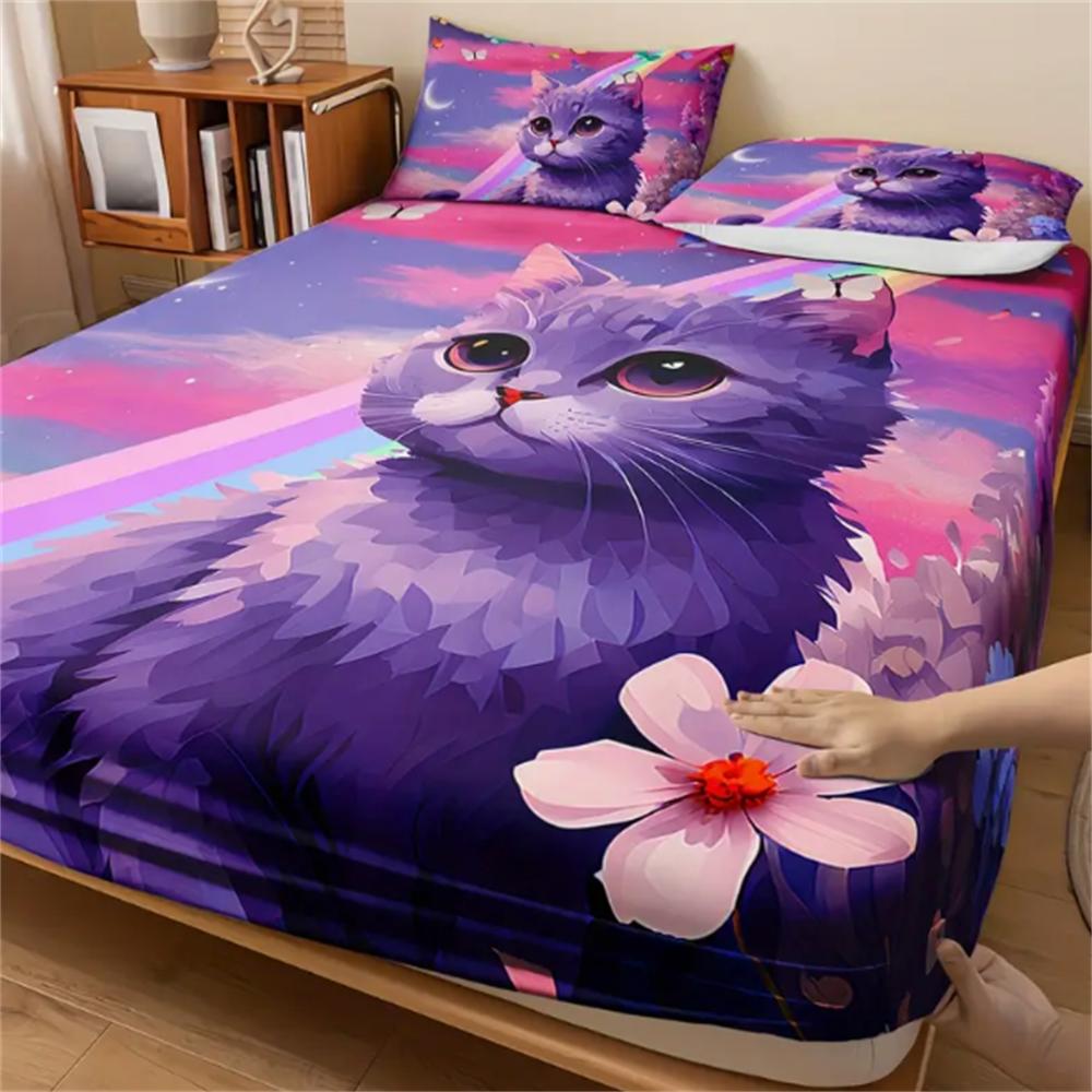 3pcs 100% Polyester Cute Cartoon Cat Print Fitted Sheet Set Bedroom Decoration, Purple Floral Starry Sky Pattern Bedding Set
