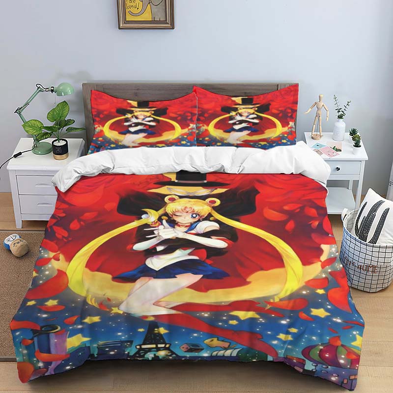 This three-piece bedding set, themed around the classic anime "Sailor Moon," features soft and comfortable duvet and pillowcases