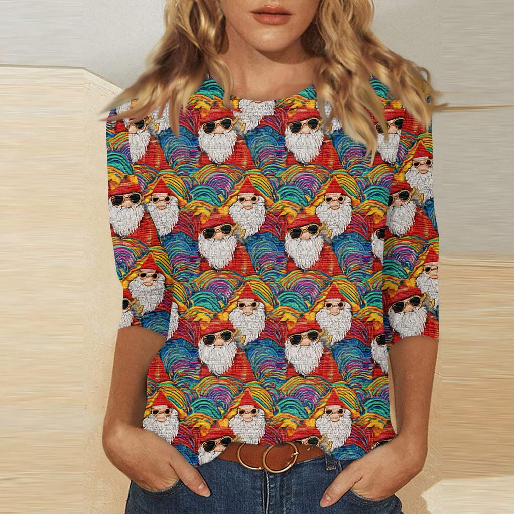 Women's Fashionable Casual Three Quarter Sleeve Christmas Printed Round Neck Top