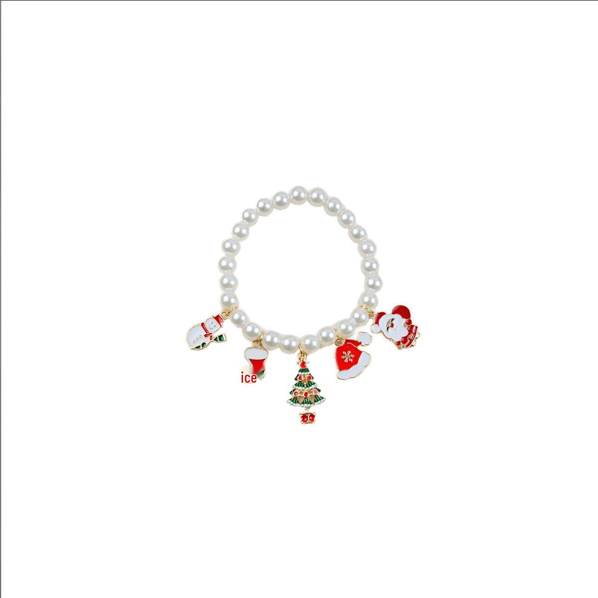 

Cartoon Christmas Faux Pearl Bracelet with Bow Gift, Reindeer, Snowman, and Elastic Rope Beads