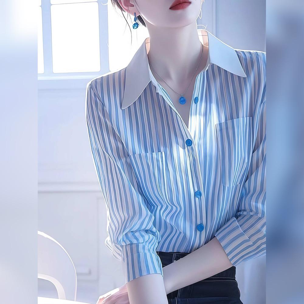 

Синяя полосатая рубашка с длинными рукавами и воротником-поло, женская открытая весенняя новинка XL