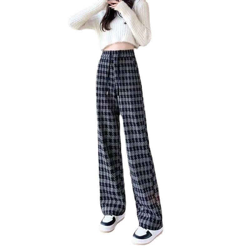 European and American Style Plaid Loose Wide-Leg Pants for Women - Autumn/Winter Collection