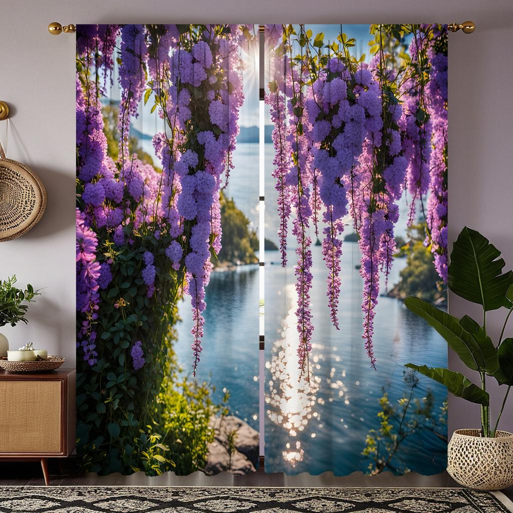2pcs set HD lakeside Wisteria flower landscape decorative curtain Purple tie digital printed curtain Home Decoration style De