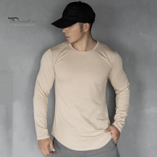 Pánský top na jaro podzim s kulatým výstřihem, slim fit, pružný, střední délky, s dlouhým rukávem, pulovrová mikina pro domov, sport, posilovnu, street wear