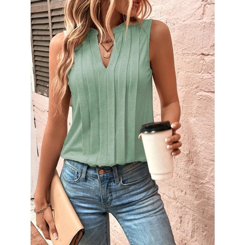 Damenmode Casual Sommer Frühling Einfarbig Druck Ärmellose V-Ausschnitt Blusen & Hemden