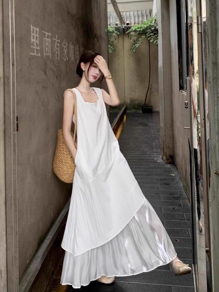 Korean Style Irregular Spaghetti Strap Summer Dress - Women's Loose Slimming Long Design for 2026