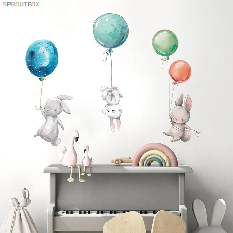 New Colorful Balloon Rabbits Bedroom Wall Stickers for Kids Room Decoration Grey Bunny Wall Stickers for Children Nursery Wall Decal