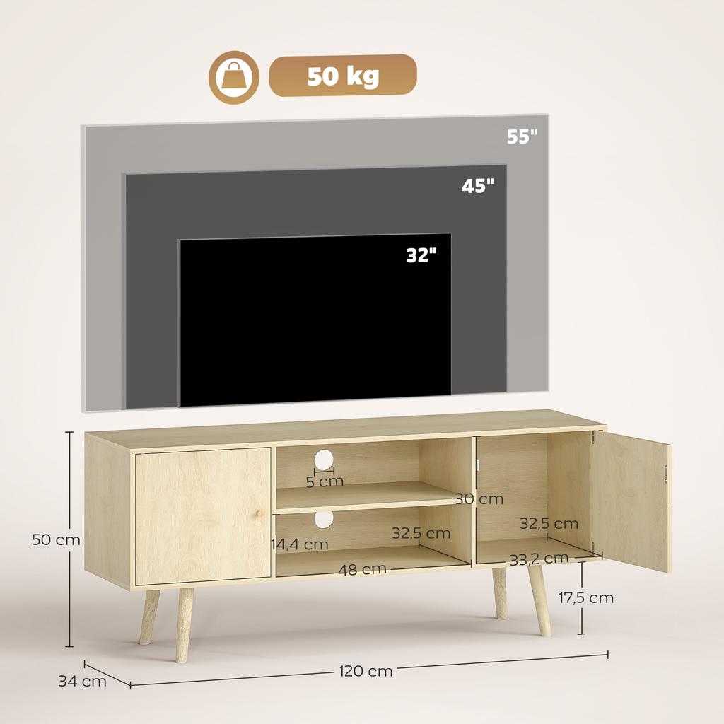 TV Stand TV Cabinet for Televisions up to 55 Inches 2 Cabinets and 2 Open Shelves 120x34x50cm Natural Wood Effect