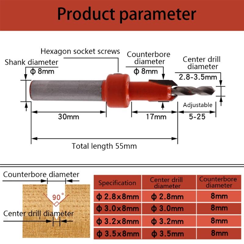High Speed Steel Abrasion-resistant Woodworking Countersunk Bit-5 Pcs ( Blade Diameter 8mm) Chamfer Tool