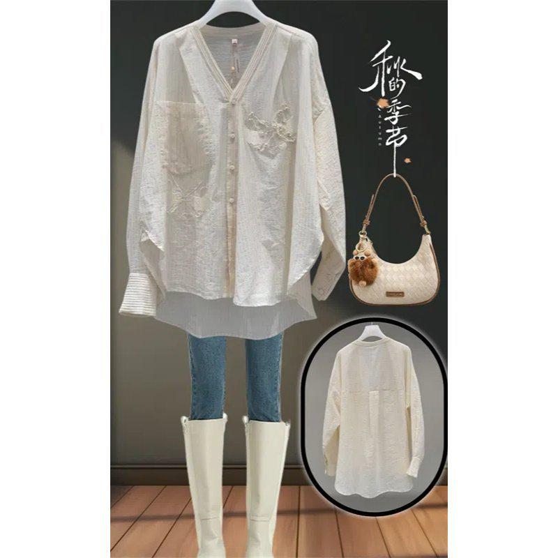 2026 Spring/Autumn French Chic Loose Plus Size Long Sleeve Shirt for Women XL абрикосовый