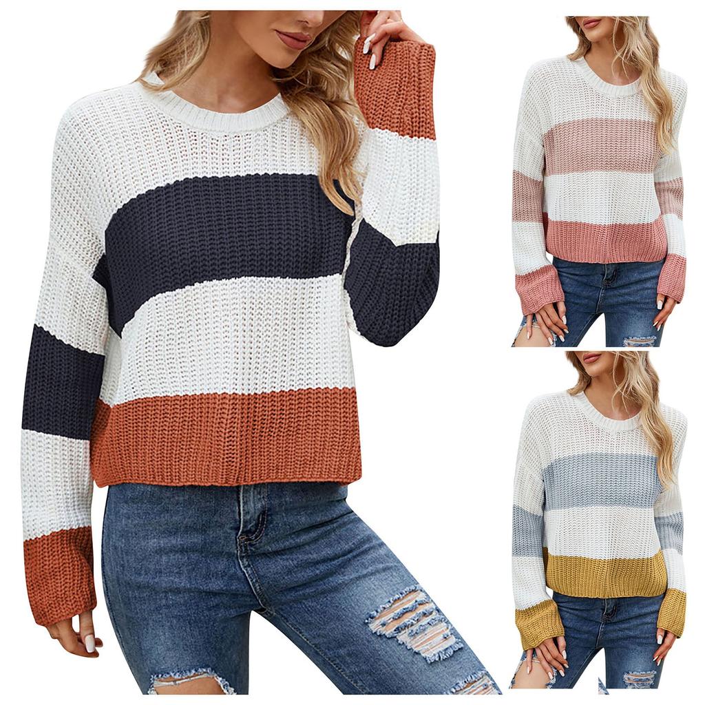 Women's Casual Casual Pullover Sweater Stripe Contrast Colour Short Long Sleeve Sweater