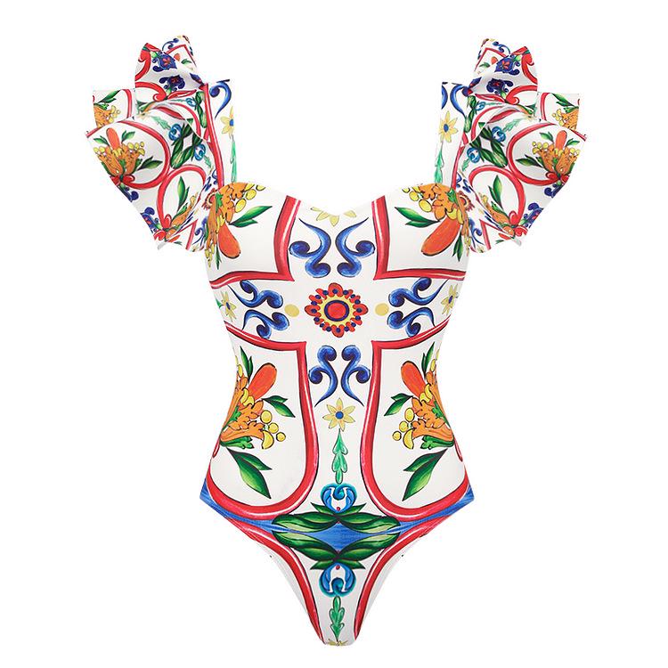 2024 European & American Women's Enamel Print Ruffle Swimsuit Set
