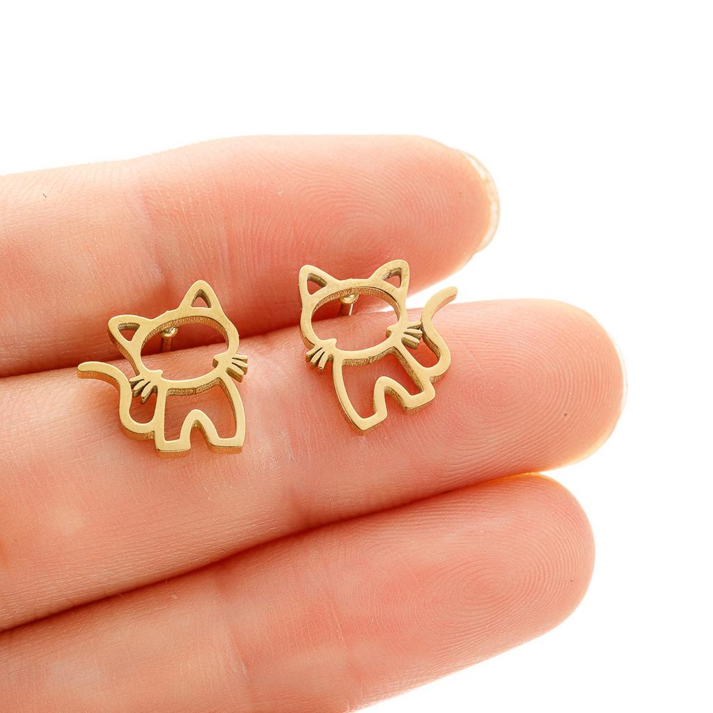 1 Pair Cute Cat Stainless Steel Stud Earrings For Womens Punk Jewelry Gifts Trend Fashion Small Ear Studs Jewelry