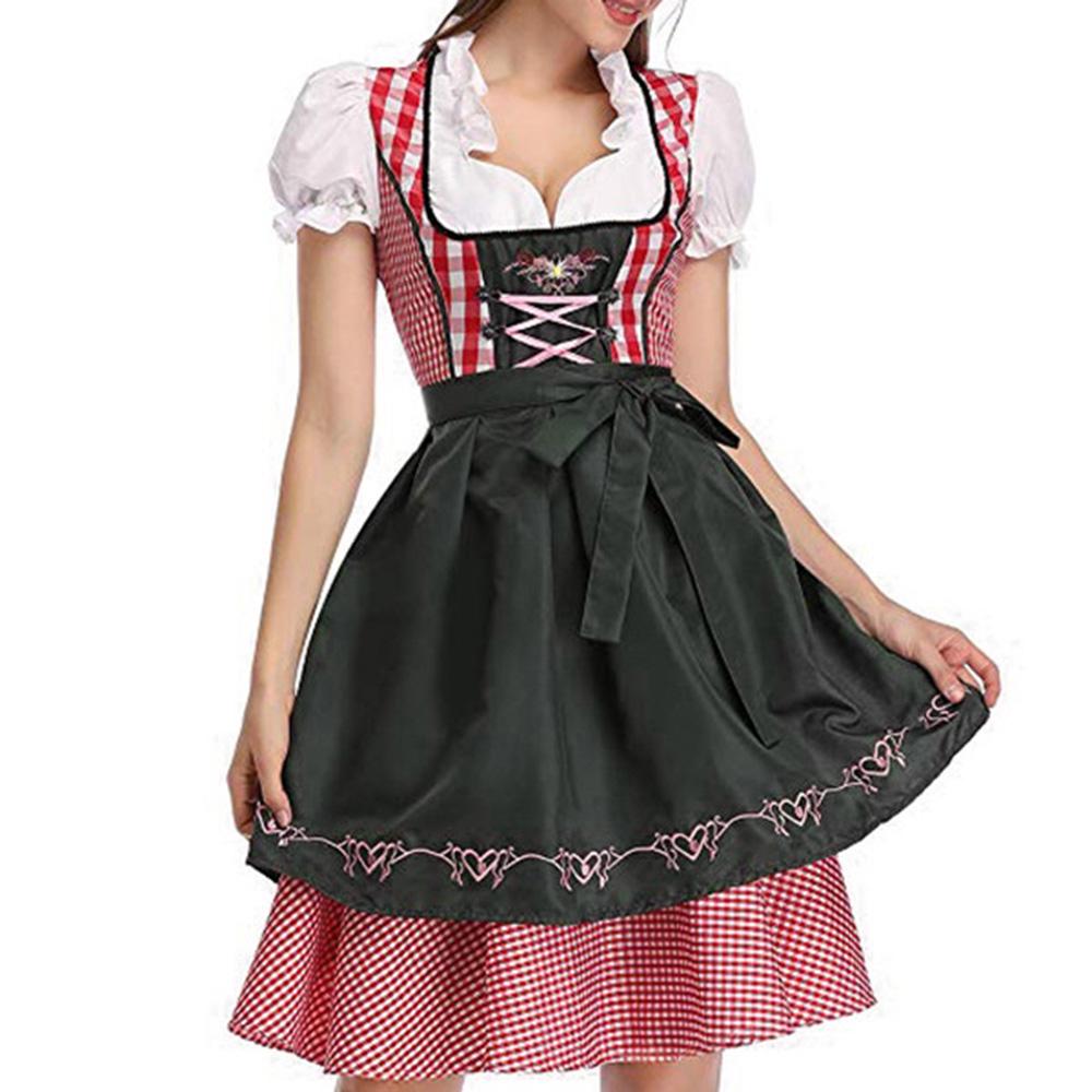 Dirndl Donna 3 Pezzi Con Vestito, Camicetta E Grembiule - Abito Tradizionale Oktoberfest In Blu Con Pois - Taglie Dalla 34 Alla 54