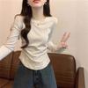 Women's Round Neck Long Sleeve Top Slim Fit Commuter Style Ruched Solid Color Retro Casual Basic Tee